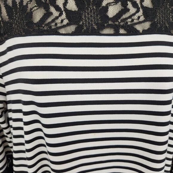 Chico's Pullover Blouse Size 1(M) Black & White Stripe Lace Accents - Picture 7 of 10